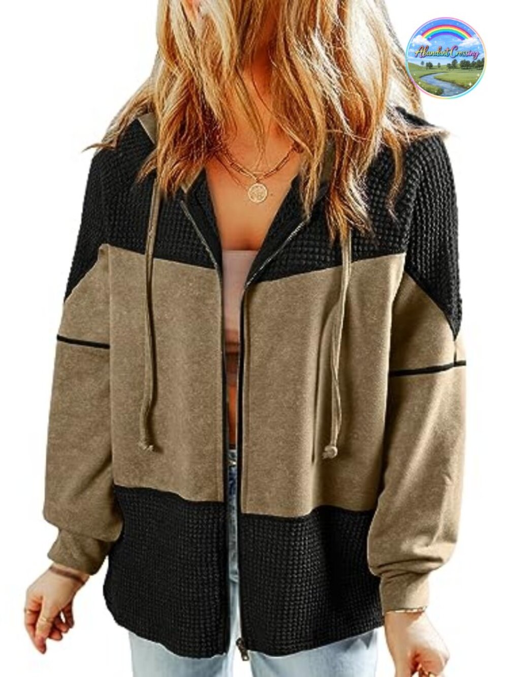 Waffle Knit Hoodie Zip Up Oversized Drawstring Jacket Long Sleeve